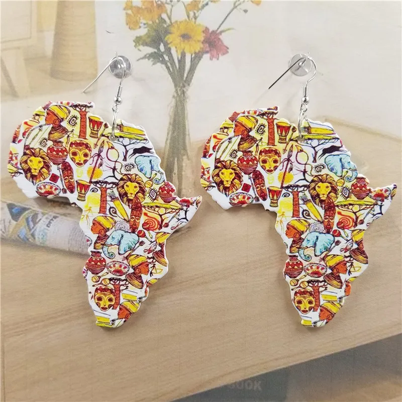 

Fashion Graceful Unique 1pair Drop Earring Wood Irregular Map Shape Printing Vintage Ear Jewelry Gift Exquesite Women Hot Sale