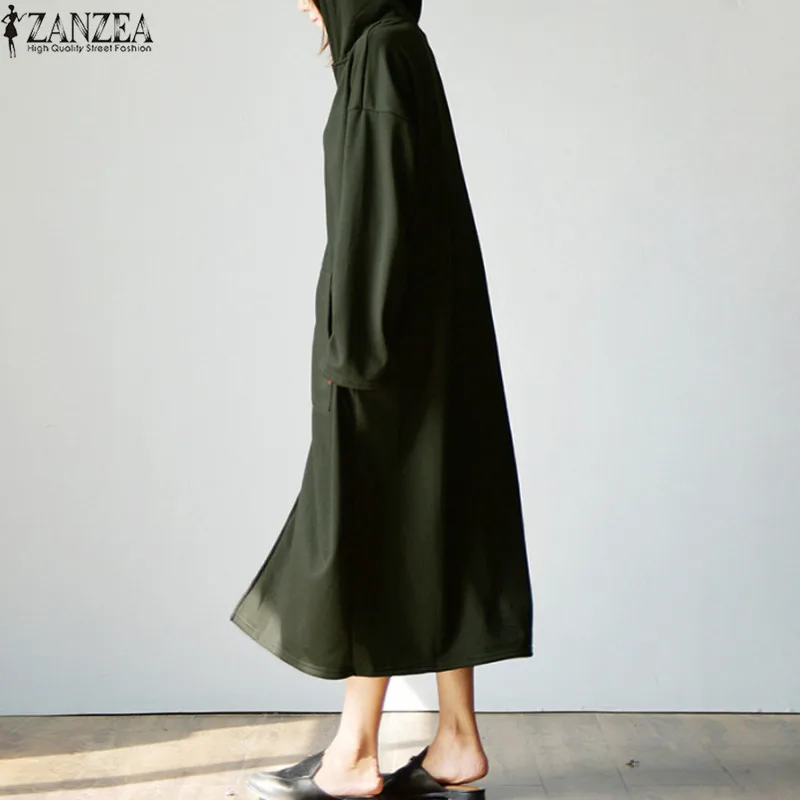 ZANZEA осень, женские длинные толстовки, зимние повседневные толстовки с карманами и капюшоном, свободные толстовки на молнии