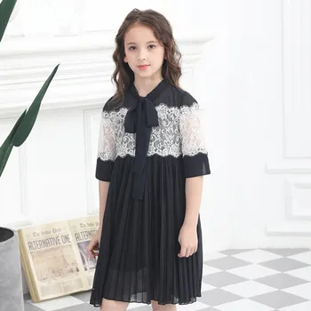 

DFXD Big Girl Summer Black Dress Fashion Lace Patchwork Chiffon Dress Kids Party Bow Princess Dress 5-14Yrs Big Girl Clothes