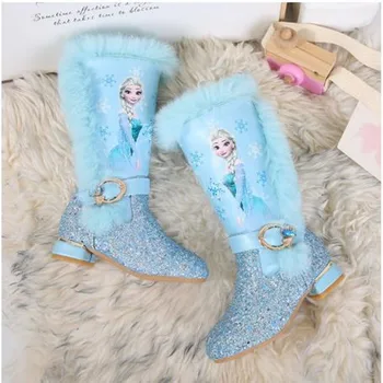 

Disney Winter Fur Girls Elsa Snow Boots Glitter Kids Princess Dress Boot Leather Plush Warm Fashion Party Boot