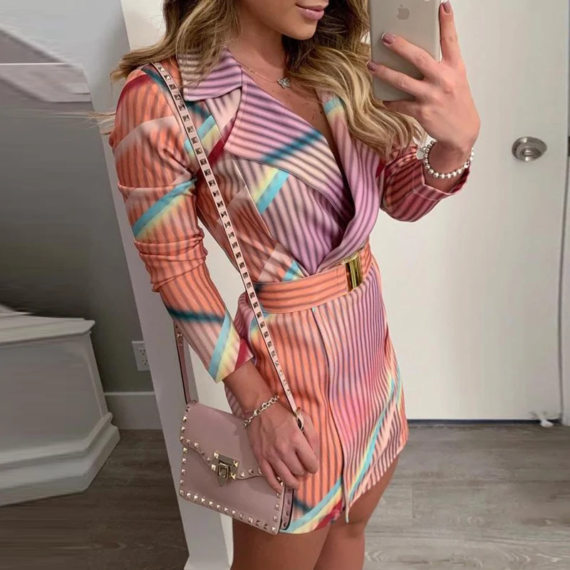 

Elegant Colorful Striped Print Blazer Dress Women Autumn Winter Streetwear Formal Party Dress