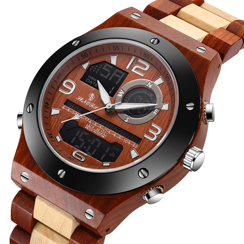 Real Wood Watch Men Dual Time Display Digital Wooden Wristwatch Relogio Masculino Solid Natural Wood Watch Male Back Light Clock acme skylark 254 wooden birds special training skylark whistle imitate anim lmitating lark birdcall lifelike at the same time