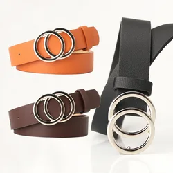 104cm*2.6cm Solid Belt All-Match Women Alloy Double Circle Buckle Jeans PU Waistband Female Band Ladies