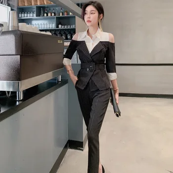 

2019 Fall Clothes Off-shoulder Black Blouse and Ankle-Length Pants Elegant 2 Piece Set Print Striped Work Office Two Piece Set