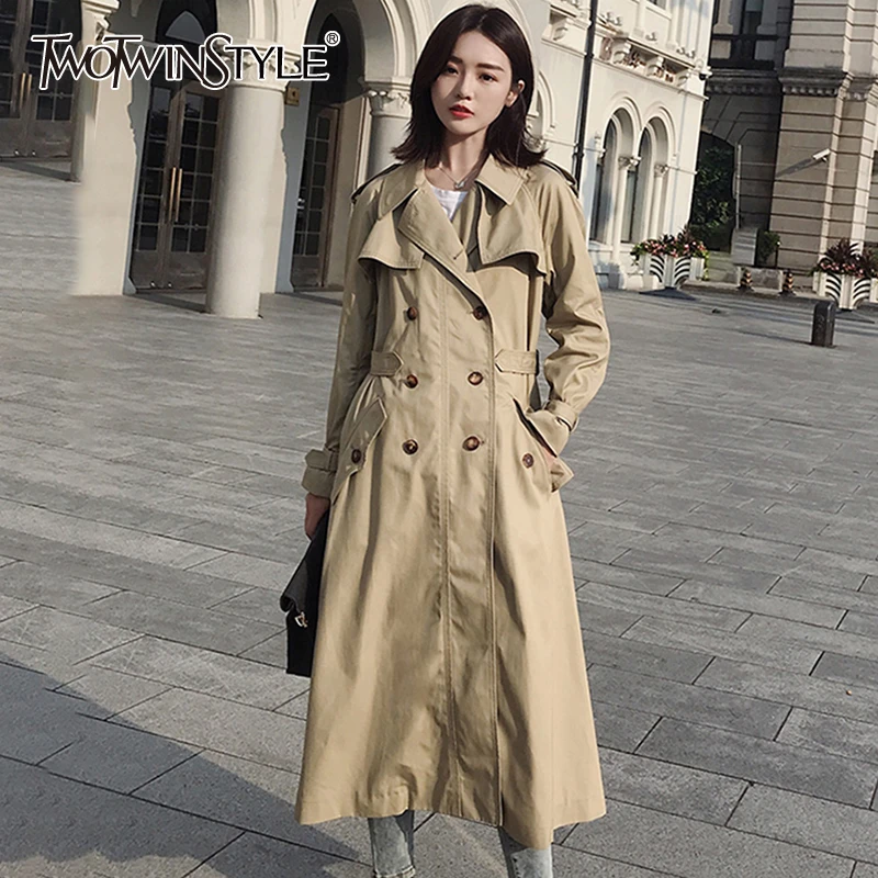 

TWOTWINSTYLE Korean Women's Coats Lapel Collar Long Sleeves Double Breasted Autumn Oversized Female Windbreaker 2019 Fashion New