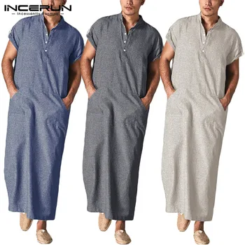 

INCERUN Men Islamic Kaftan Arabic Muslim Clothes Stand Collar Short SLeeve Pockets Robes Retro Middle East Solid Men Jubba Thobe