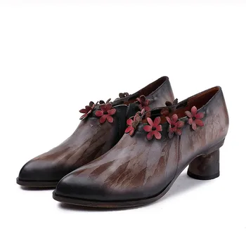 

New autumn high heel boots women Handmade flowers ladies boots Leather embroidered ankle boots boty High heels women shoes