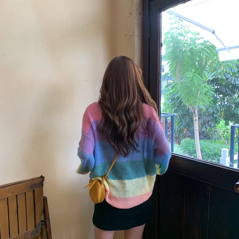 Women's Sweaters Korean Ins Chic Ulzzang Loose Rainbow Striped Sweater Female Vintage Kawaii Cute Svitshot For Women