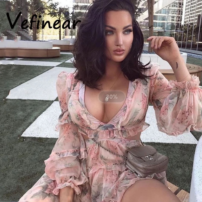 Vefinear Новое винтажное женское платье с цветочным принтом элегантное осеннее платье с длинными рукавами и высокой талией с оборками сексуальное мини-платье с v-образным вырезом Vestidos