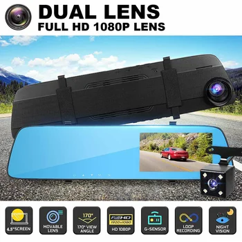 

4.5'' HD 1080P Dual Lens Car DVR Dash Camera Mirror Camera Video Recorder G-sensor Front Rear View TFT LCD