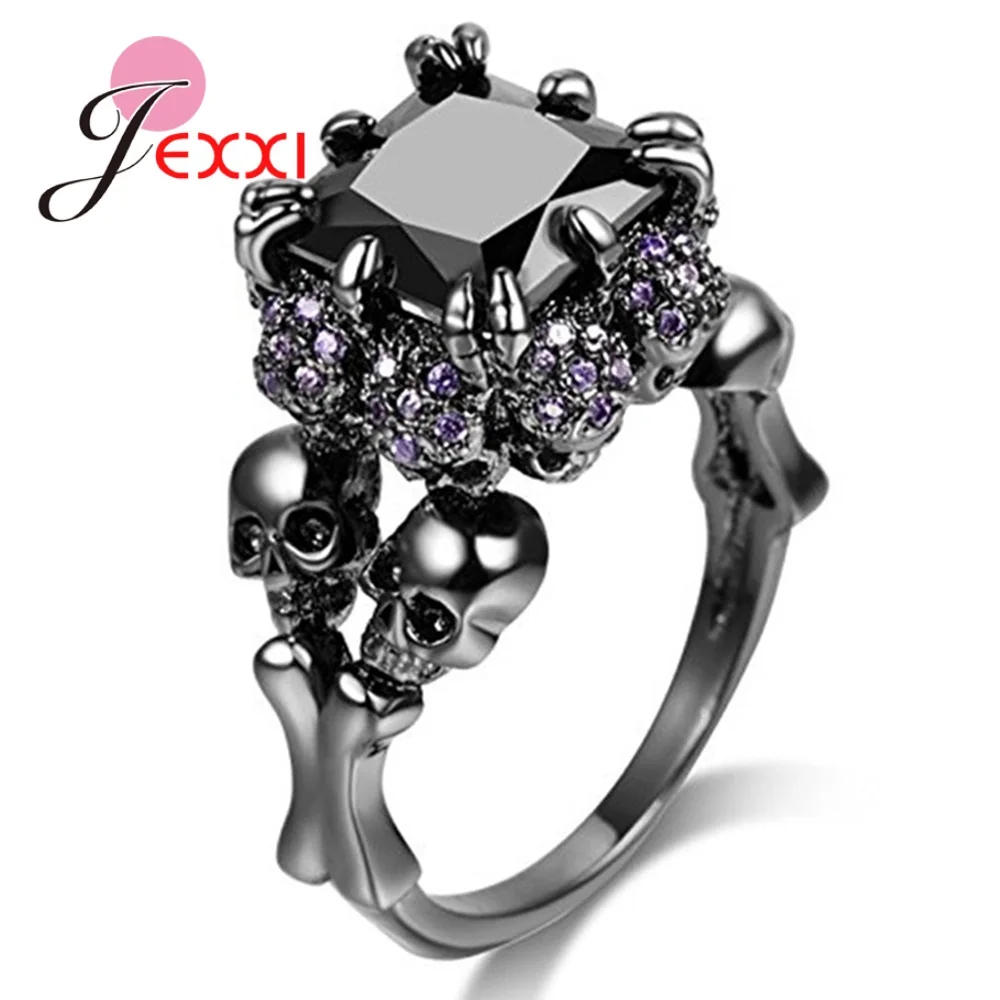 Потрясающие большие широкие черные CZ кольца с черепом для женщин/мужчин Роскошные подарки 925 пробы серебряные кольца с кубическим цирконием