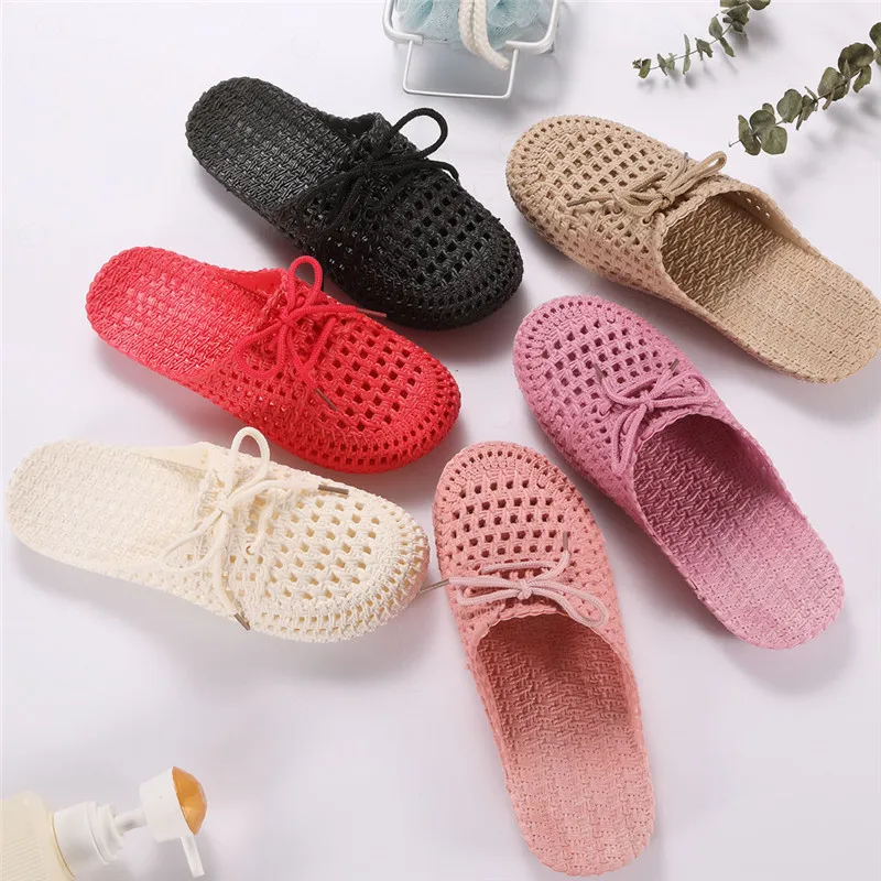 

Women Home Slippers Non-slip Lace Up Breathable Hole Flat Hollow Out Jelly Slides Summer Beach Sandals Casual Lightweight Shoes