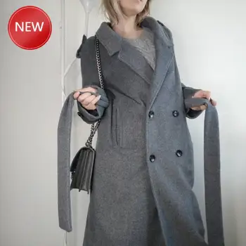 

Simple Wool Maxi Long Coat Robe Slim fit overcoat Casual coat with belt Grey UK 2020 Spring New design Women