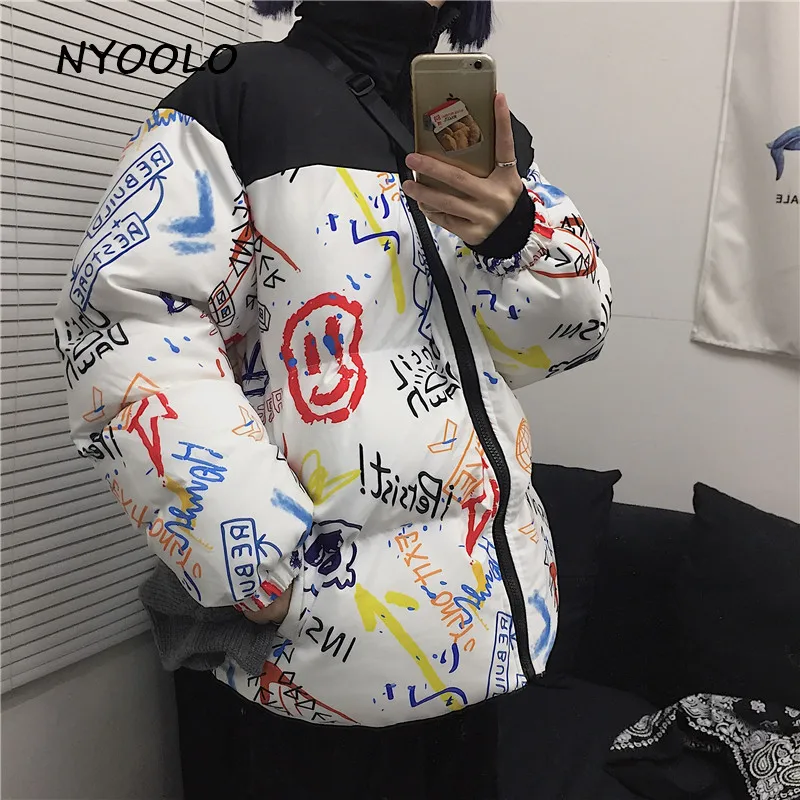 NYOOLO Harajuku уличная граффити дизайн лоскутное утолщаются теплые пальто осень зима Свободная куртка на молнии мягкий для женщин мужчин верхняя одежда
