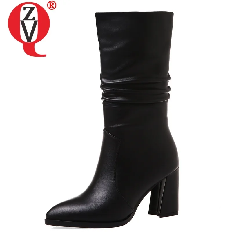 

ZVQ winter new concise mid calf boots outside super high heels handmade genuine leather slip-on office women shoes drop shipping