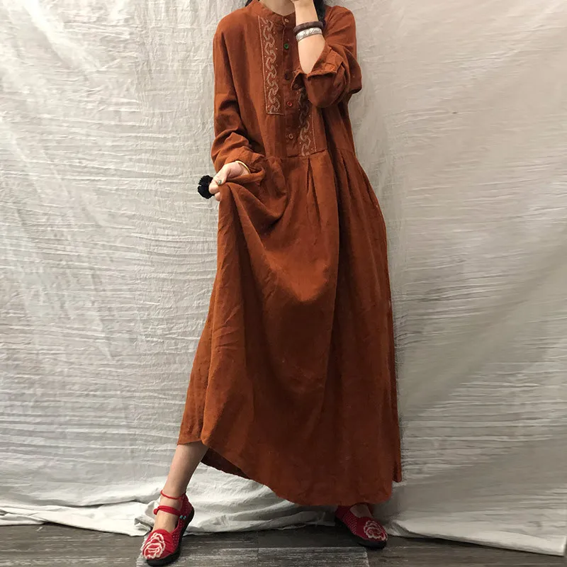 

Origional Literature And Art Retro Cover Meat Dress Long Sleeve Cotton Linen Dress Loose And Plus-sized Flax Dress