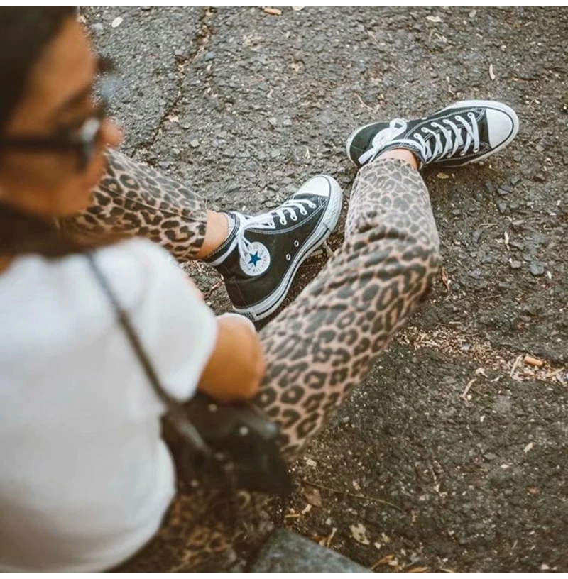 Autumn High Waist Leopard Denim Pants Women Streetwear Winter Pockets Boyfriend Jeans Feminino Casual Girls Pants