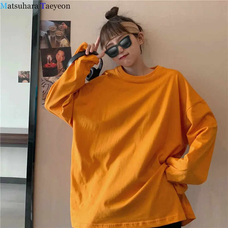 

2020 New Fashion T Shirt Women Spring Solid Oversized Tshirt Harajuku T-shirts Women White Yellow Loose Long Sleeve Tops