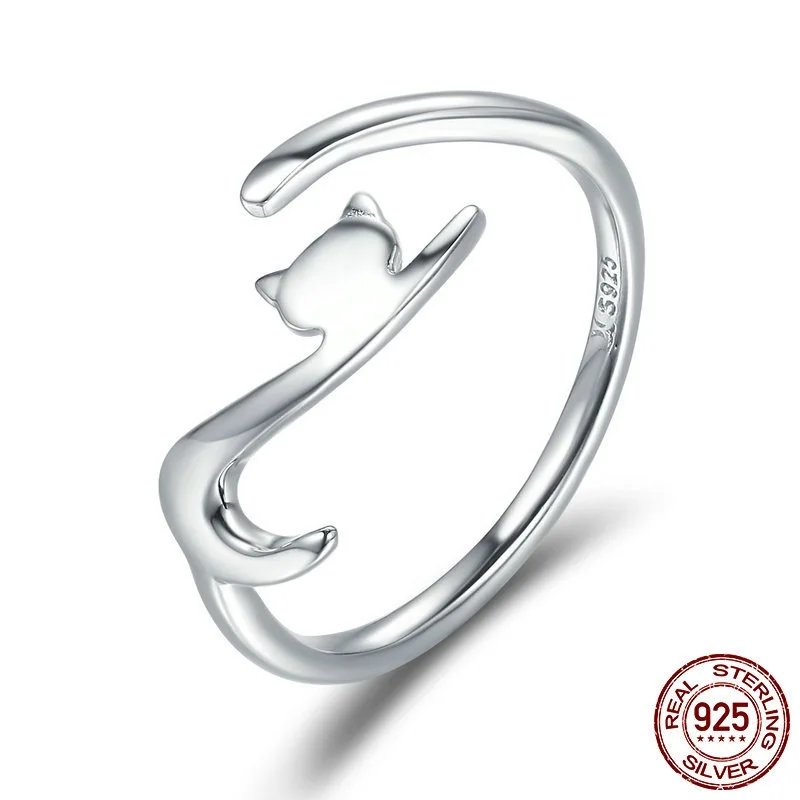 

Cat Design 925 Sterling Silver Ring For Women Female Cat Shape Charming Open Fashion Fine Jewelry Adjustable Ring