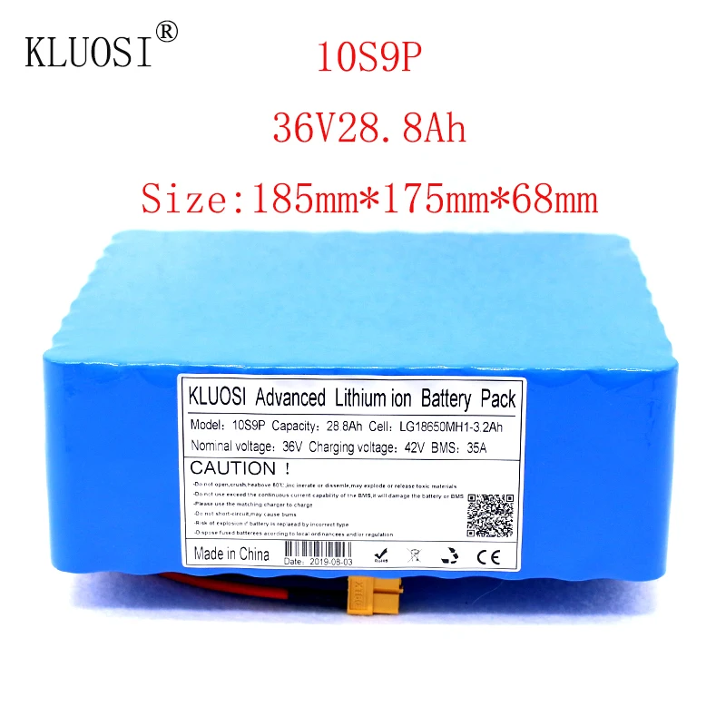 

KLUOSI 36V 10S9P 28.8Ah 1200W High Power Capacity Li-ion Battery Pack for Electric Car Bicycle Motor Scooter 35A Balanced BMS