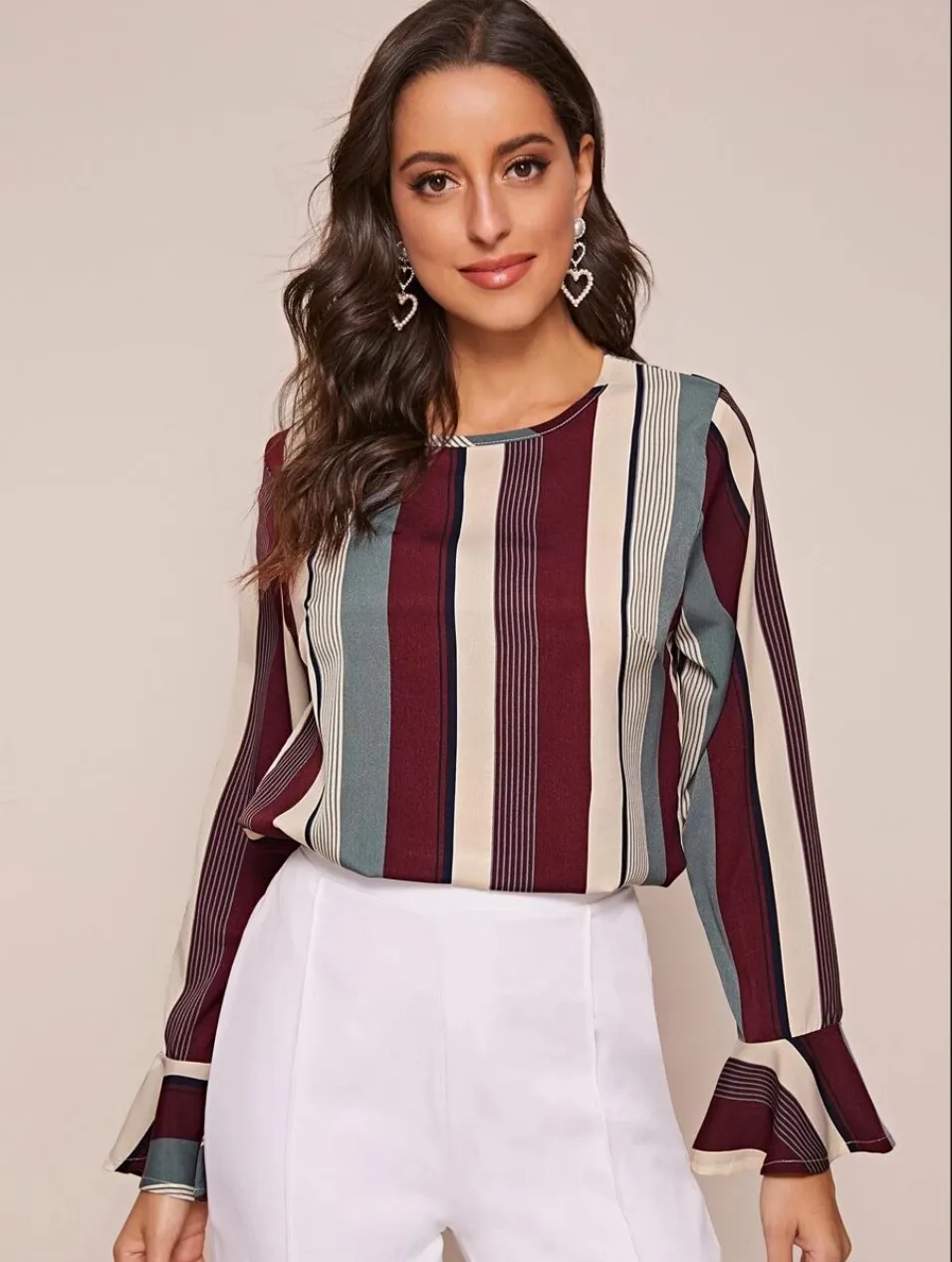 Linglewei New Spring and Summer Women's Shirt stripe pagoda sleeve Long sleeves Chiffon shirt Linglewei New Spring and Summer Women's Shirt stripe pagoda sleeve Long sleeves Chiffon shirt