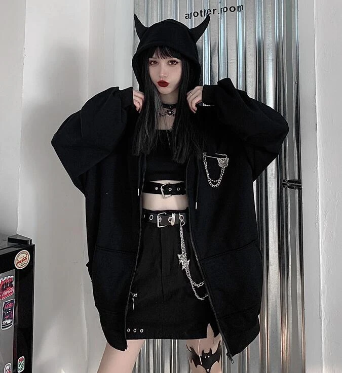 Ruibbit 日本のフード付きスウェットシャツ春秋 原宿 パンク ゴシック 女の子 黒 悪魔の角 日本のヒップホップスタイル 大きいサイズ ベーシックジャケット Aliexpress