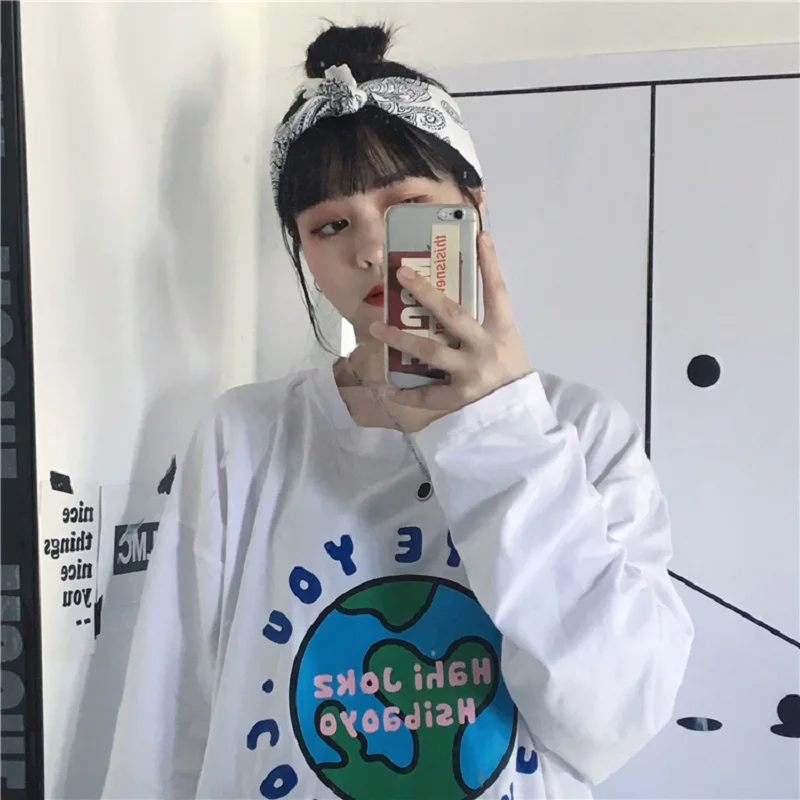 Ins Harajuku винтажная BF забавная футболка с длинными рукавами и буквенным принтом Женская Осенняя модная свободная повседневная женская футболка с круглым вырезом