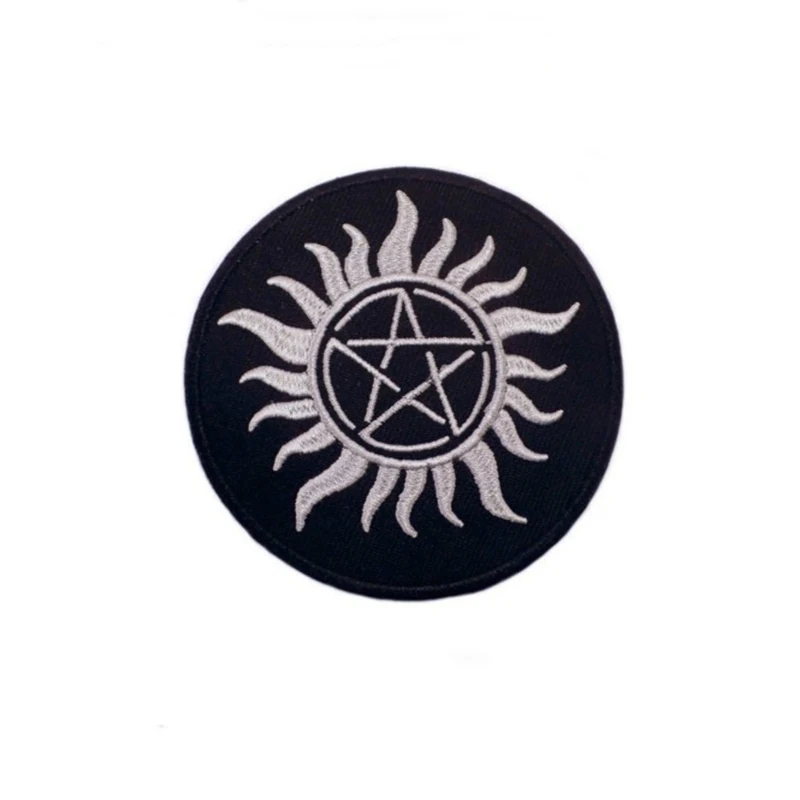 

2X Supernatural Anti-Possession Embroidered Applique Iron on Patch TV Series Evil Power SPN Cosplay Sign Pentagram Sun