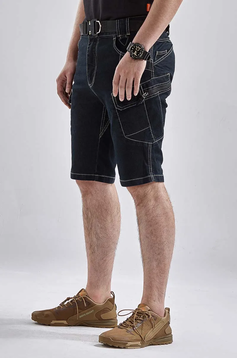 KIOVNO Men's Cargo Denim Shorts With Multi Pockets Military Style Jeans Shorts For Male Outdoor Blue Black (3)