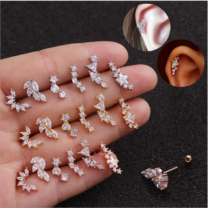 

Shinning Fashion 1PC Zircon Curved Cartilage Piercing Jewelry Stainless Steel Helix Earring Tragus Rook Conch Screw Back Stud