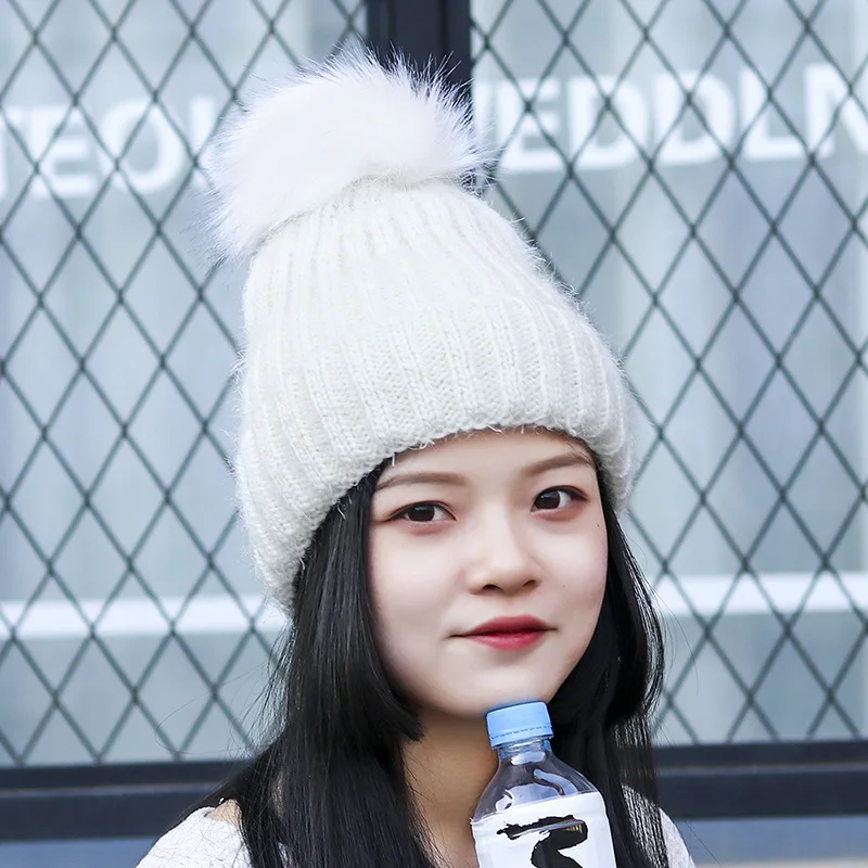 Модная женская зимняя шапка с помпоном Skullies Beanies для девочек, одноцветная вязаная шапка, теплые шапки