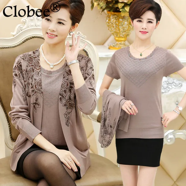 Jumper Sweater Women Plus Size Long Sleeved clothing 2020 Middle-Aged Autumn Cardigan two piece knitted sueter mujer SC605 |