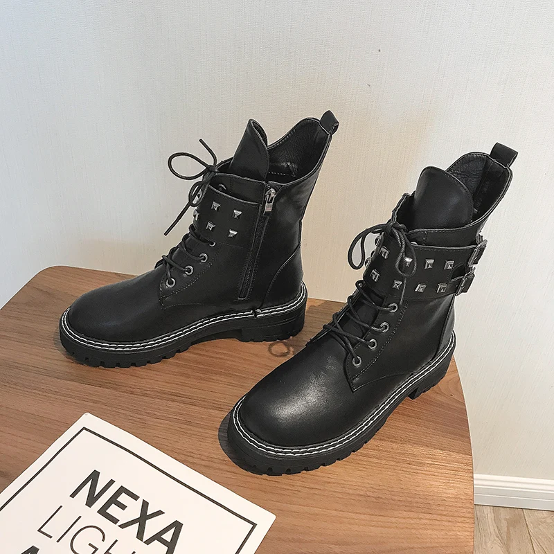 Черные Ботинки martin с перекрестной шнуровкой bottes femme женские мотоциклетные ботинки на толстом каблуке до середины икры, 2 стиля, металлические сапоги