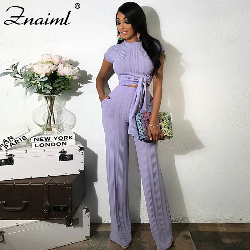 

Women's 2 Piece Solid Color Tie Up Pockets Summer Outfits Short Sleeve High Waist Straight Pant Set Slim Office Casual Suit 2020