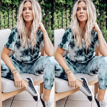 

Weekeep Tie Dye Print Casual Two Piece Set Loose Top and Drawstring Ankle-Length Pants Sweatsuit Women Sporty Home Clothing Sets