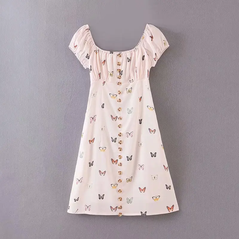 7447 butterfly YF52 Bazaleas дворец бабочка печати Ruched Мини платье Винтаж короткий рукав кремовые женские платья кнопки в стиле ретро vestidos - Цвет: 7447 butterfly YF52
