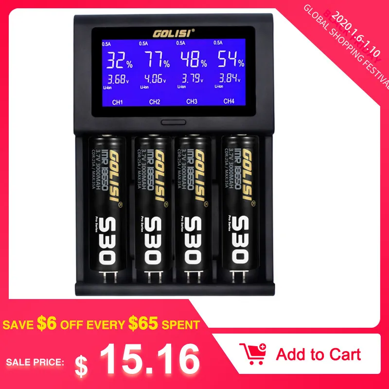 GOLISI i4 Smart Charger 18650 26650 20700 Battery LCD Screen Display USB 4 slots Charging AA AAA Intelligent 2A Fast Charger