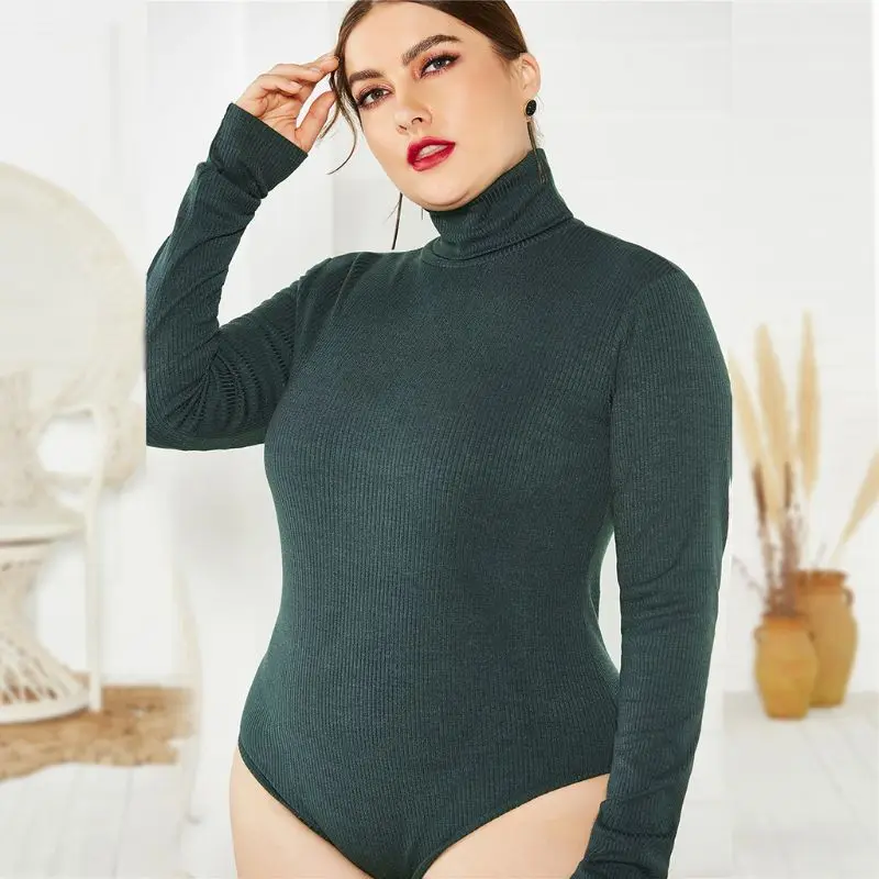 Plus Size 5XL Autumn Women Ladies Bodysuit Jumpsuits Long Sleeve Turtleneck Slim Sexy Knitted Ribbed Romper Versace Top