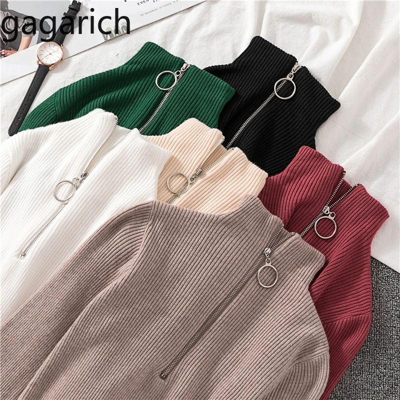 Gagarich Women Sweater 2019 Autumn Winter Zipper Half High Neck Long Sleeve Knitting Bottoming Solid Slim Pullovers | Женская одежда