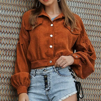 

Long Sleeve Women Corduroy Short Jacket Button Pocket Crop Coat Long Puff Sleeve OutWear Pockets Top
