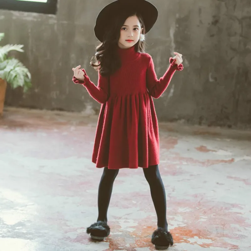 Новинка г.; вельветовые плотные платья для девочек с высоким воротником; зимние платья для маленьких девочек; Модные Детские платья-свитера для девочек