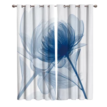 

Flower Blue Painting Blackout Window Curtains Living Room Curtain Rod Kitchen Drapes Fabric Indoor