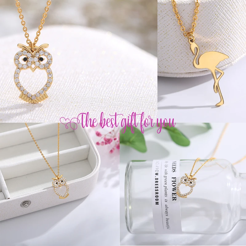 

2019 personality woman necklace owl necklace crane necklace animal crystal necklace stainless steel gold jewelry birthday gift B
