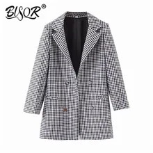 Черный и белый клетчатый блейзер для женщин, рукав три четверти, зубчатый воротник, костюм, Блейзер, элегантные женские Рабочие топы, блейзер feminino