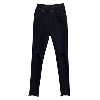 

2019 Spring New Versatile Elastic Waist with Holes Flash Ankle-length Jeans Women's Black Stretch Skinny Pants-