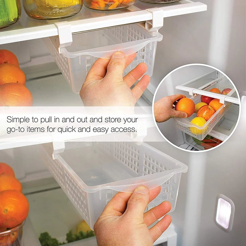 New-Fridge Organizer Drawer, Refrigerator Pull-Out Bin Adjustable, Installs Under Shelf Fits Most Fridges, Plastic