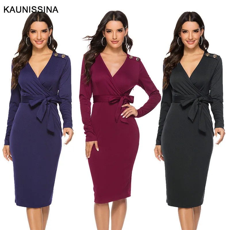 

KAUNISSINA Sexy Cocktail Dress Long Sleeve V-Neck Belt Solid Homecoming Dresses Knee Length Bodycon Pencil Party Gowns