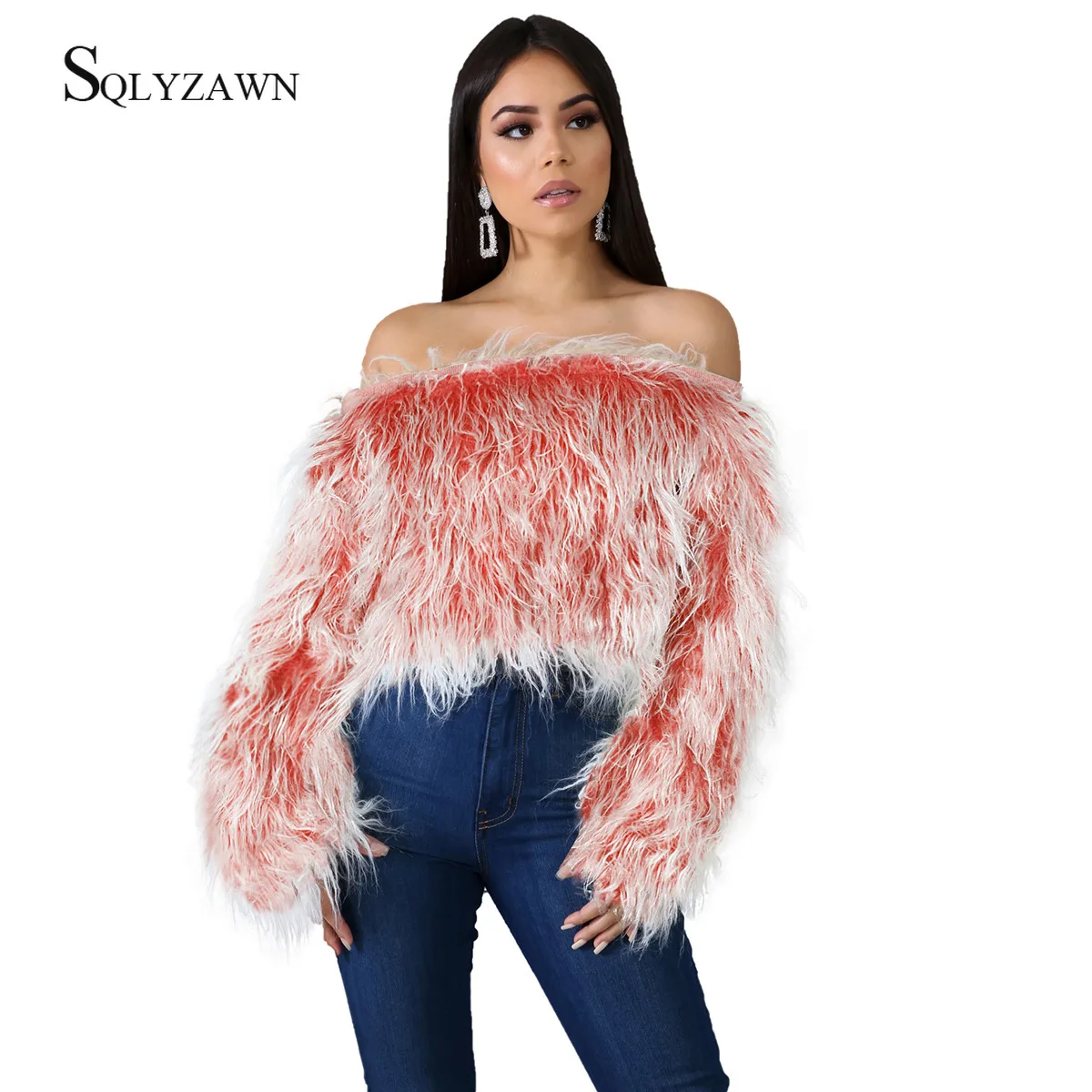 Gradual Color Faux Fur Sweater Shirt Women Autum Winter Elegant Slash Neck Long Sleeve Tassel Party Club Pullovers Tops Tees | Женская