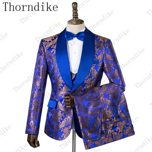 Thorndike Королевский Синий Облегающий медный узор костюмы новые модные мужские куртки+ брюки+ жилет из 3 предметов высокого качества мужской свадебный костюм - Цвет: 15