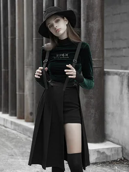 

PUNK RAVE Women Autumn and Winter New Dark Personality Short Skirt Sling Long Paragraph Split Pleated Skirt
